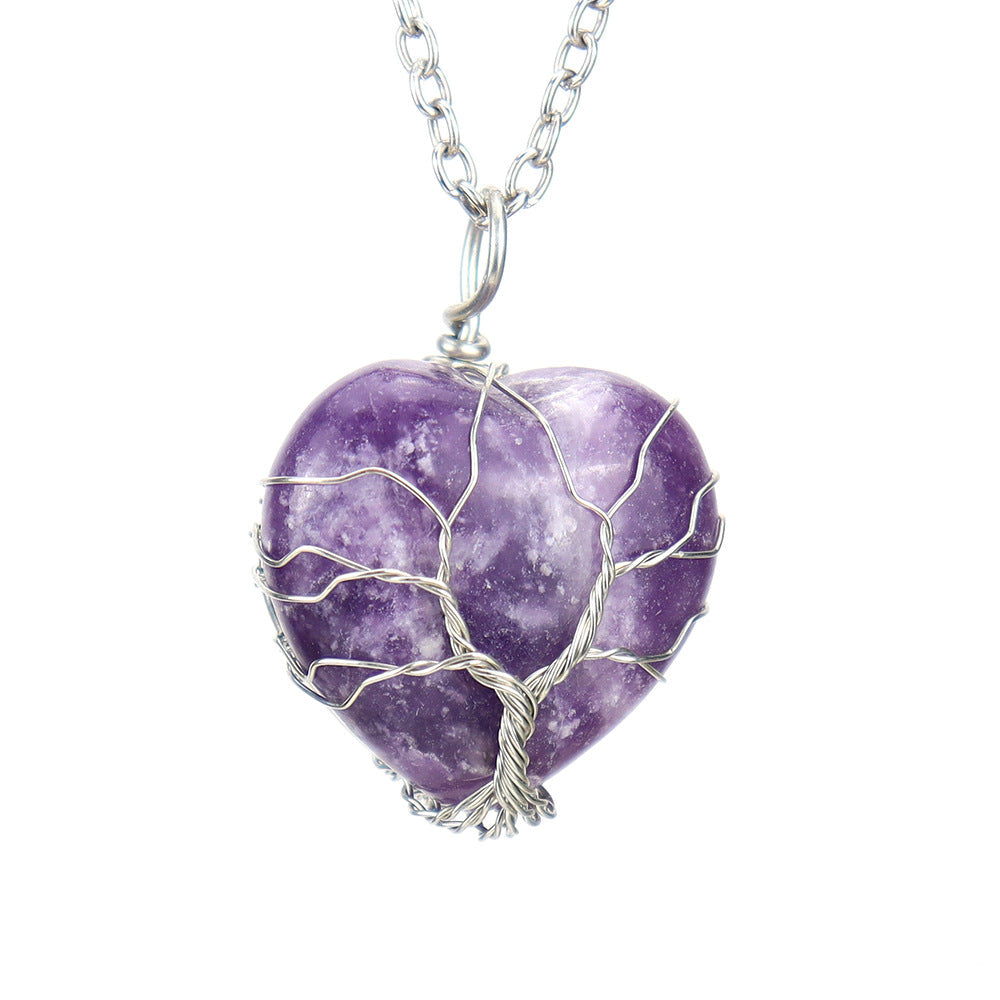 Polished Crystal Heart Wire Pendant Necklaces GEMROCKY-Jewelry-Lepidolite-