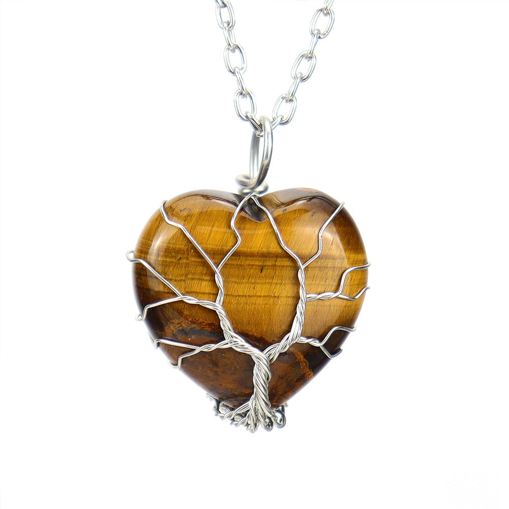 Polished Crystal Heart Wire Pendant Necklaces GEMROCKY-Jewelry-Tiger Eye Stone-