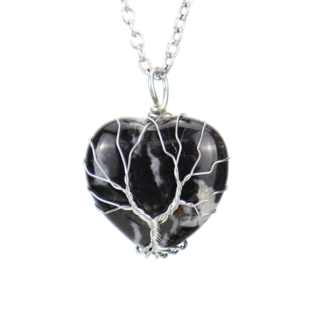 Polished Crystal Heart Wire Pendant Necklaces GEMROCKY-Jewelry-Zebra Jasper-