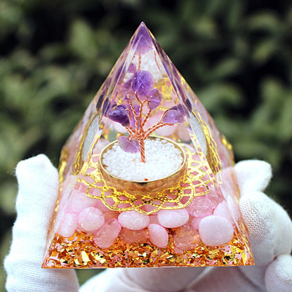 Resin Chakra Life Tree 6cm Pyramids Ornaments GEMROCKY-Decoration-Amethyst+Rose Quartz-