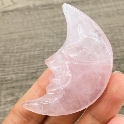 Rose Quartz Moon Face 5cm Carvings GEMROCKY-Carvings-