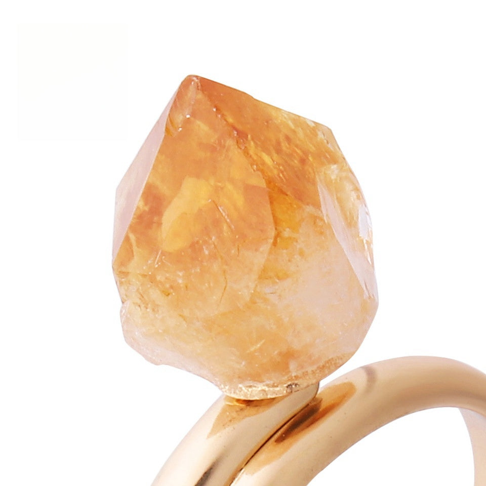 Rough Citrine Piece Golden Adjustable Rings GEMROCKY-Jewelry-