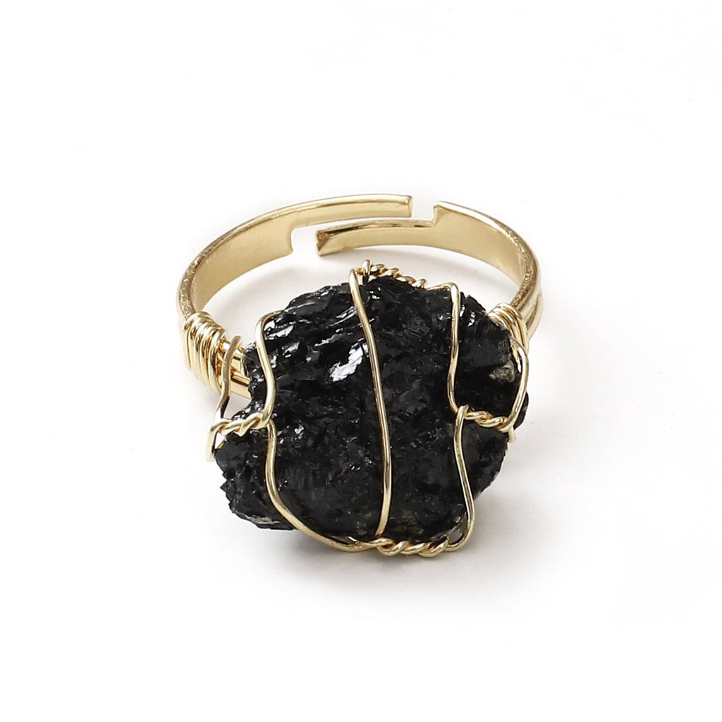 Rough Natural Crystal Wire Rings GEMROCKY-Jewelry-Black Obsidian-