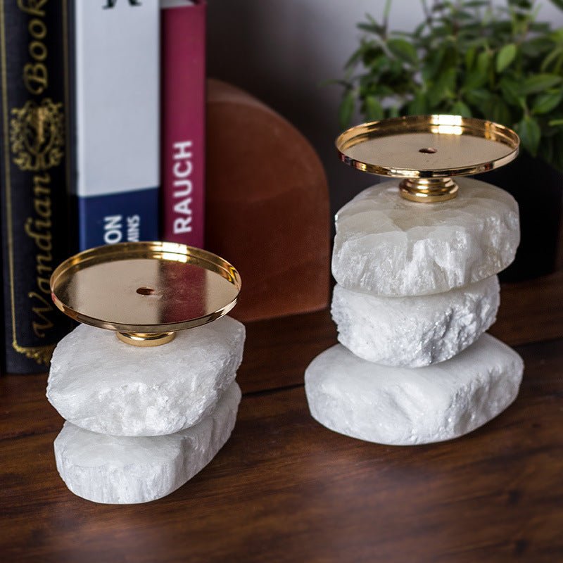 Selenite Rough Stone Double Triple Candle Holder Ornaments GEMROCKY-Decoration-