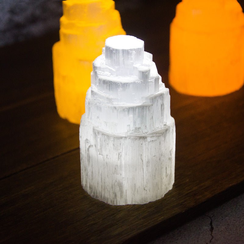 Selenite Tower LED Night Button Battery Lamp Ornaments GEMROCKY-Decoration-White Light-