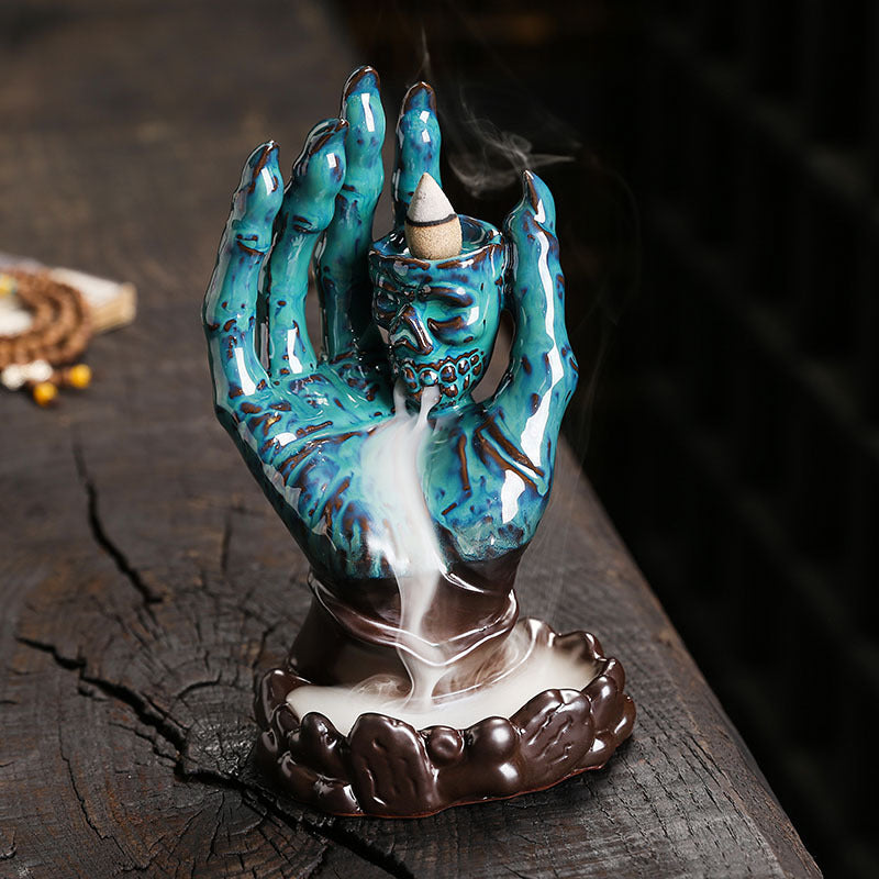 Skull in Hand Halloween Backflow Incense Burner Home Decor Ornaments GEMROCKY-Psychic-Blue-