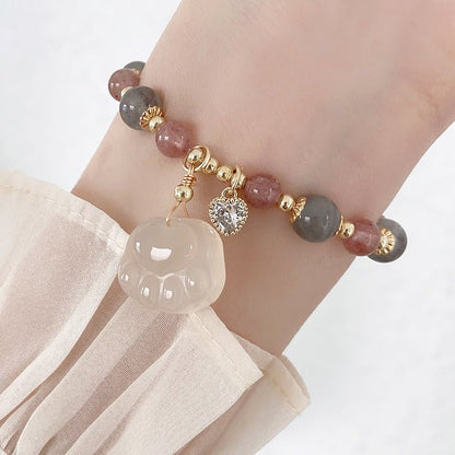 Strawberry Quartz+Gray Moonstone Bear Bead Bracelets GEMROCKY-Bracelets-Paw Drop-