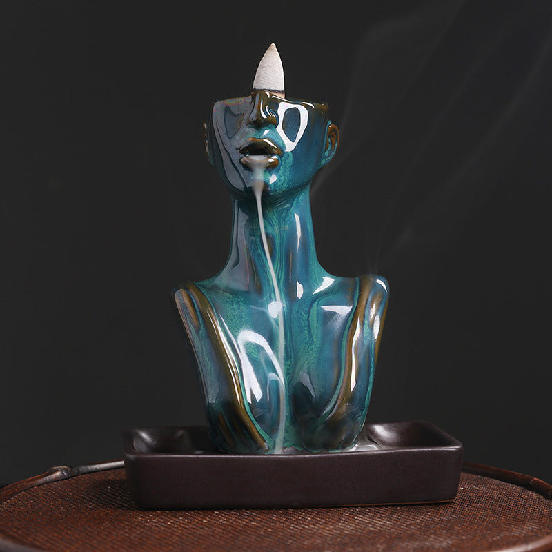 Woman Bust Art Backflow Incense Burner Home Decor Ornaments GEMROCKY-Psychic-Blue-