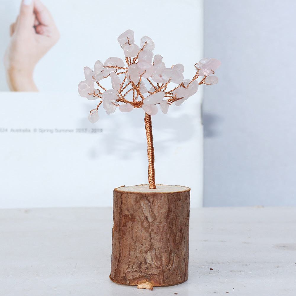 Wooden Base Crystal Chips Wood Slice Gem Trees GEMROCKY-Decoration-Rose Quartz Tall Wood-