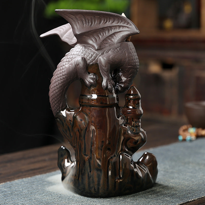 Wyverns Dragon on Castle Backflow Incense Burner Home Decor Ornaments GEMROCKY-Psychic-