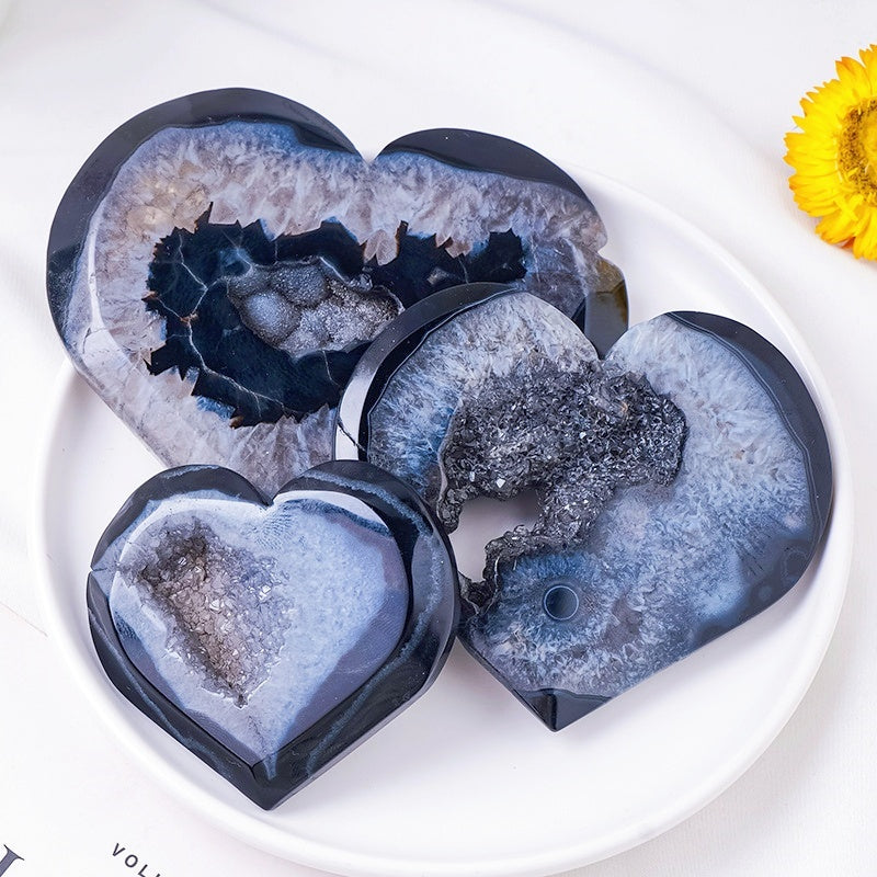 Black Agate Geode Heart Slices Decor Ornaments GEMROCKY-Decoration-6-7cm-GEMROCKY