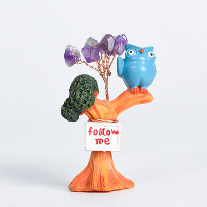 Cute Owl on Tree Mini Crystal Gem Chips Tree Home Ornaments GEMROCKY-Decoration-Blue Bird-Amethyst-GEMROCKY