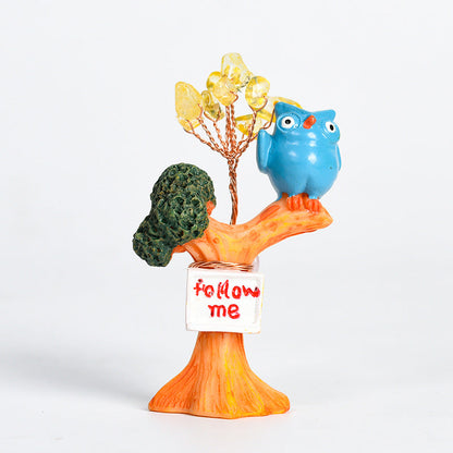 Cute Owl on Tree Mini Crystal Gem Chips Tree Home Ornaments GEMROCKY-Decoration-Blue Bird-Citrine-GEMROCKY