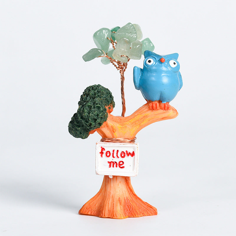 Cute Owl on Tree Mini Crystal Gem Chips Tree Home Ornaments GEMROCKY-Decoration-Blue Bird-Green Aventurine-GEMROCKY