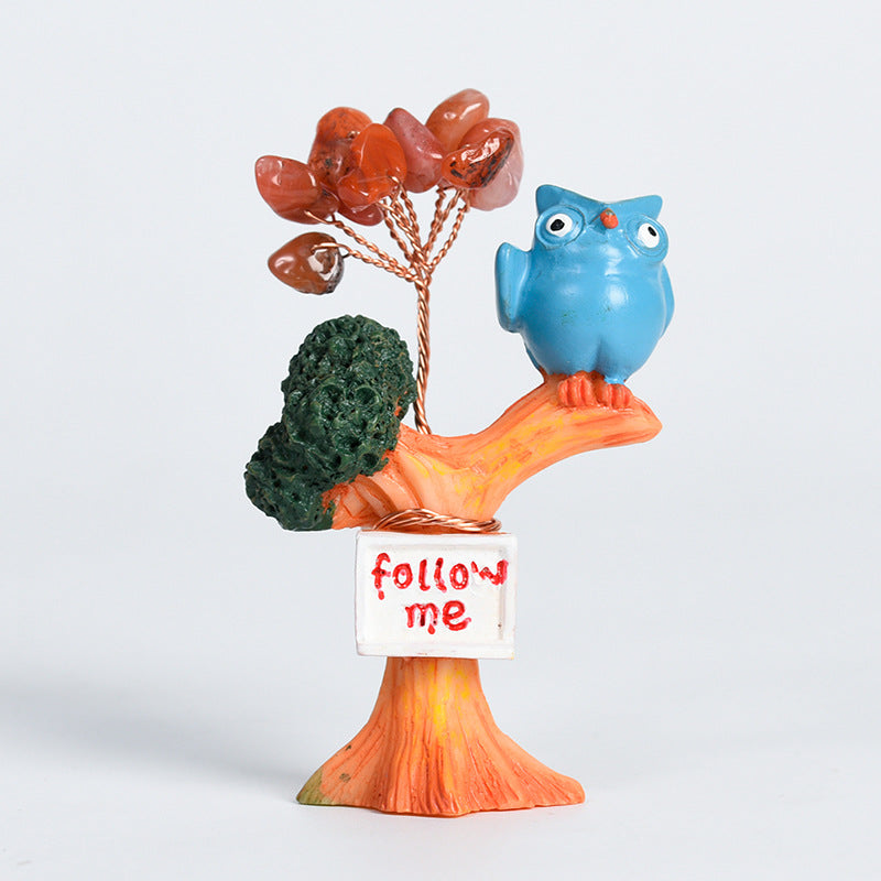 Cute Owl on Tree Mini Crystal Gem Chips Tree Home Ornaments GEMROCKY-Decoration-Blue Bird-Red Agate-GEMROCKY