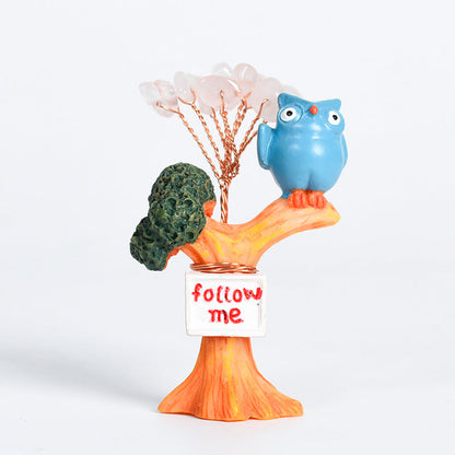 Cute Owl on Tree Mini Crystal Gem Chips Tree Home Ornaments GEMROCKY-Decoration-Blue Bird-Rose Quartz-GEMROCKY