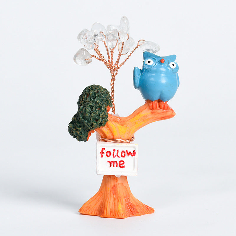 Cute Owl on Tree Mini Crystal Gem Chips Tree Home Ornaments GEMROCKY-Decoration-Pink Bird-Aquamarine-GEMROCKY