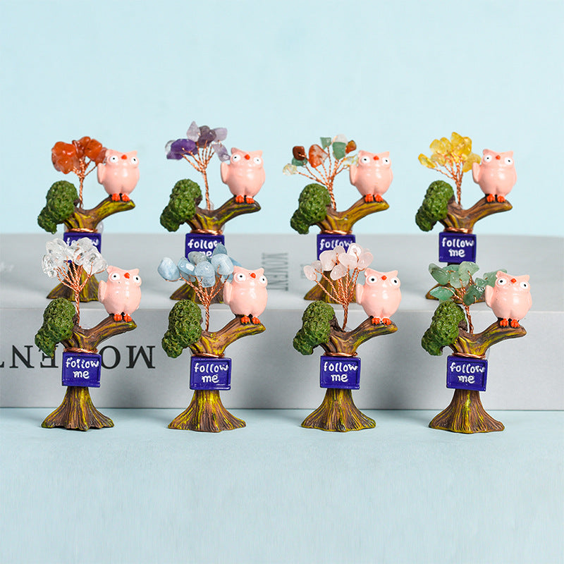 Cute Owl on Tree Mini Crystal Gem Chips Tree Home Ornaments GEMROCKY-Decoration-GEMROCKY