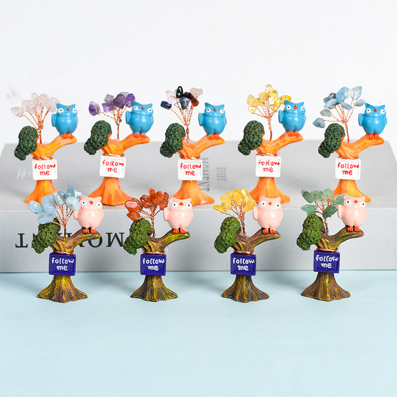 Cute Owl on Tree Mini Crystal Gem Chips Tree Home Ornaments GEMROCKY-Decoration-GEMROCKY