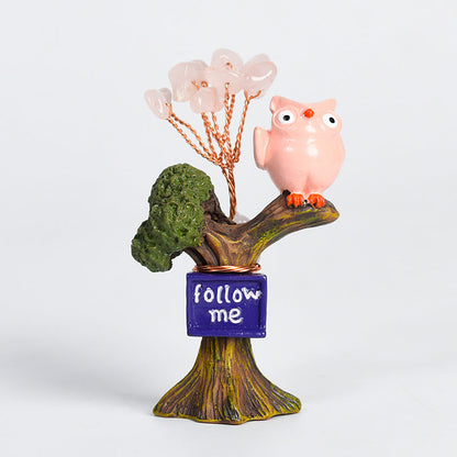 Cute Owl on Tree Mini Crystal Gem Chips Tree Home Ornaments GEMROCKY-Decoration-Pink Bird-Rose Quartz-GEMROCKY