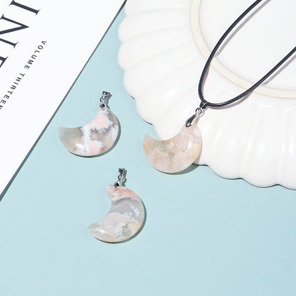 Flower Agate Crystal Moon Pendant Necklaces GEMROCKY-Jewelry-GEMROCKY