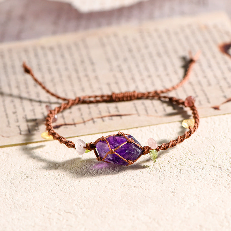 High Quality Crystal Raw Stone Rope Net Pocket Braided Bracelet GEMROCKY-Jewelry-Amethyst-Brown Rope-GEMROCKY