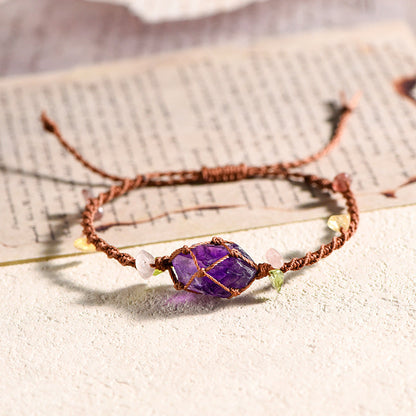 High Quality Crystal Raw Stone Rope Net Pocket Braided Bracelet GEMROCKY-Jewelry-Amethyst-Brown Rope-GEMROCKY