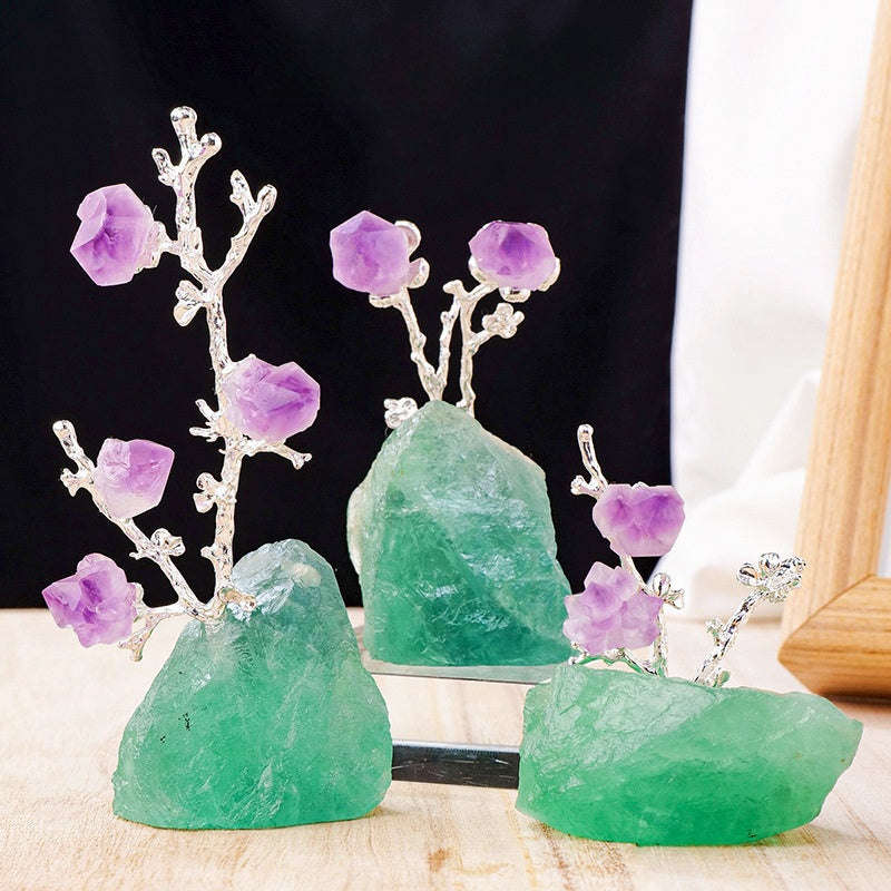 Rough Crystal Base Rough Amethyst Teeth Plum Tree Art Decor Ornaments GEMROCKY-Decoration-Green Fluorite 3pcs in 1 set-GEMROCKY