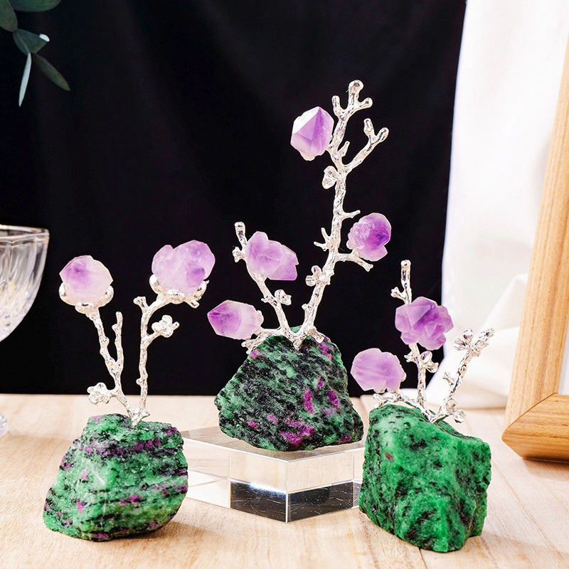 Rough Crystal Base Rough Amethyst Teeth Plum Tree Art Decor Ornaments GEMROCKY-Decoration-Ruby Zoisite 3pcs in 1 set-GEMROCKY