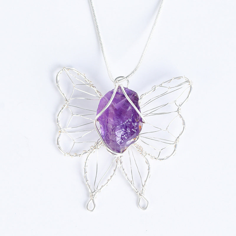 Rough Crystal Stone Copper Clad Silver Butterfly Pendant Necklace GEMROCKY-Jewelry-Amethyst-GEMROCKY