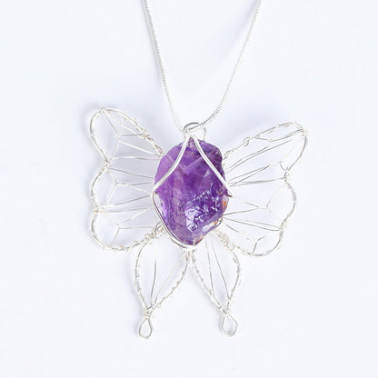 Rough Crystal Stone Copper Clad Silver Butterfly Pendant Necklace GEMROCKY-Jewelry-Amethyst-GEMROCKY