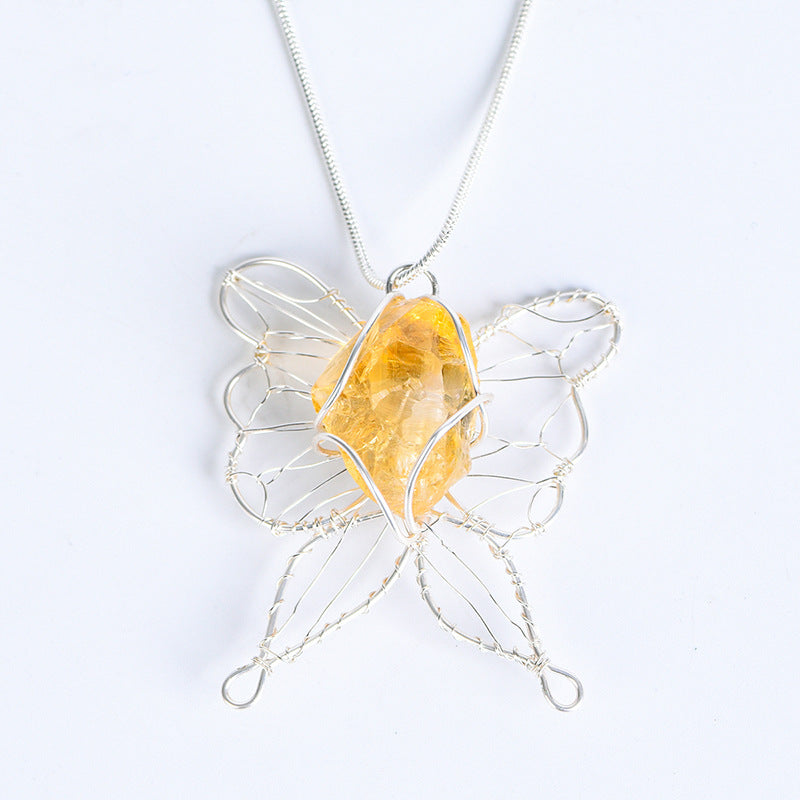 Rough Crystal Stone Copper Clad Silver Butterfly Pendant Necklace GEMROCKY-Jewelry-Citrine-GEMROCKY