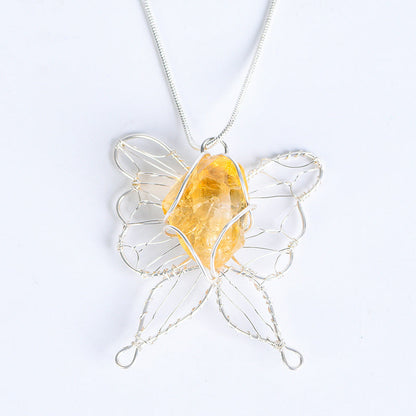 Rough Crystal Stone Copper Clad Silver Butterfly Pendant Necklace GEMROCKY-Jewelry-Citrine-GEMROCKY