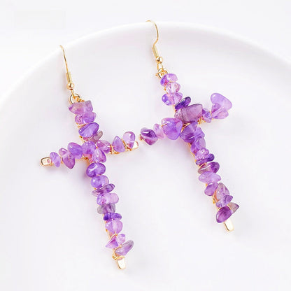 Saint Cross Crystal Chip Earrings GEMROCKY-Jewelry-Amethyst Golden Color-GEMROCKY