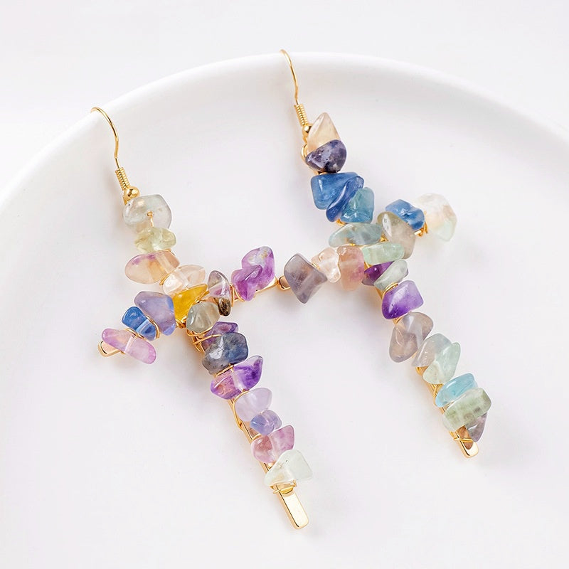 Saint Cross Crystal Chip Earrings GEMROCKY-Jewelry-Fluorite Golden Color-GEMROCKY