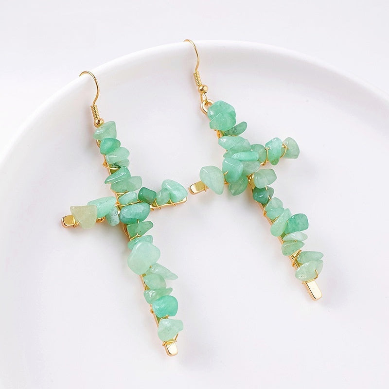 Saint Cross Crystal Chip Earrings GEMROCKY-Jewelry-Green Aventurine Golden Color-GEMROCKY