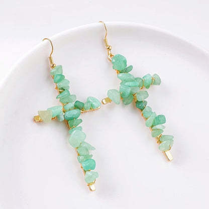 Saint Cross Crystal Chip Earrings GEMROCKY-Jewelry-Green Aventurine Golden Color-GEMROCKY