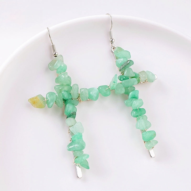 Saint Cross Crystal Chip Earrings GEMROCKY-Jewelry-Green Aventurine Silver Color-GEMROCKY