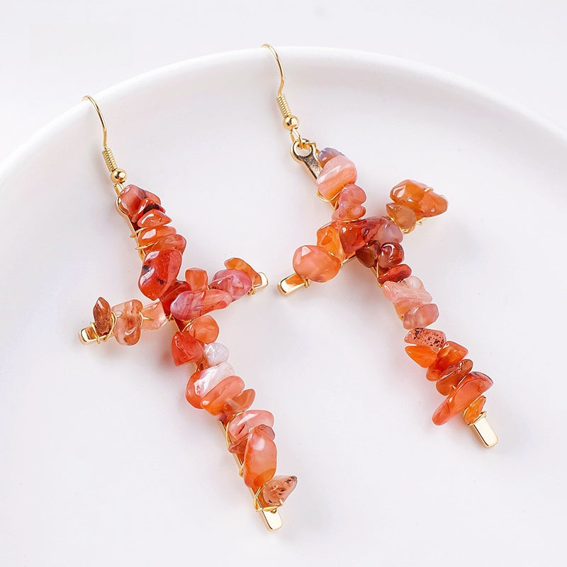 Saint Cross Crystal Chip Earrings GEMROCKY-Jewelry-Red Agate Golden Color-GEMROCKY