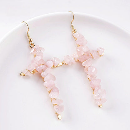 Saint Cross Crystal Chip Earrings GEMROCKY-Jewelry-Rose Quartz Golden Color-GEMROCKY