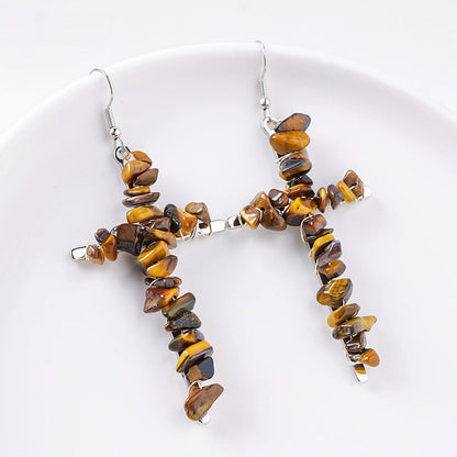 Saint Cross Crystal Chip Earrings GEMROCKY-Jewelry-Tiger Eye Stone Silver Color-GEMROCKY