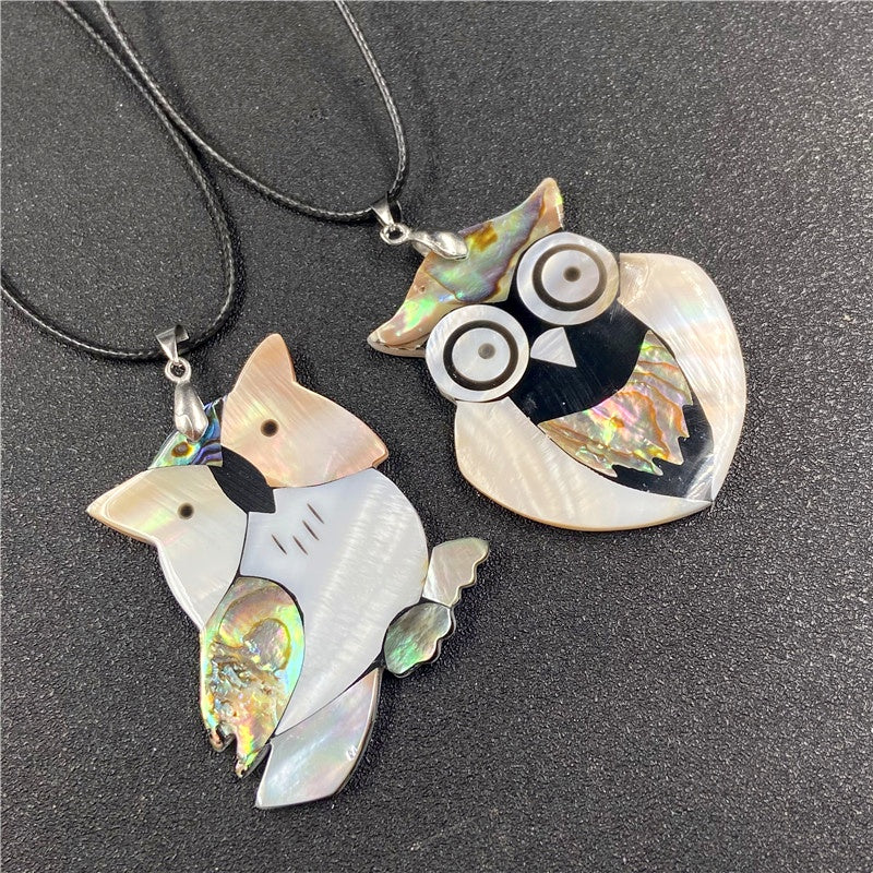 Shiny Abalone Shell Owl Creative Pendant Necklaces GEMROCKY-1-